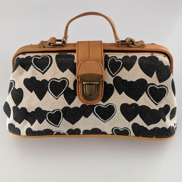 Anthropologie Handbags - Anthropologie Miss Allbright Heart Print Canvas & Leather Satchel Bag